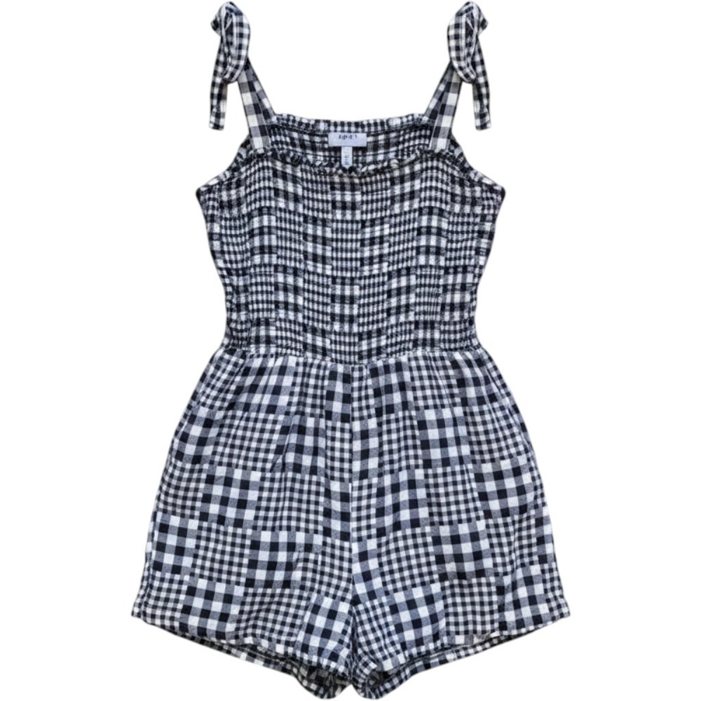Old Navy Womens 2X Black White Gingham Plaid Smocked Tie Romper 657472-01-1